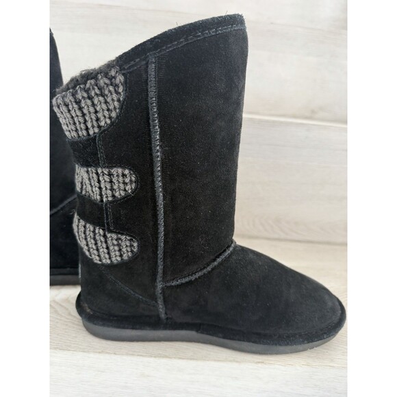 Bearpaw Boshie Black Suede Knit Sheepskin Wool Buckle Boots Youth Size 5 - Picture 2 of 8